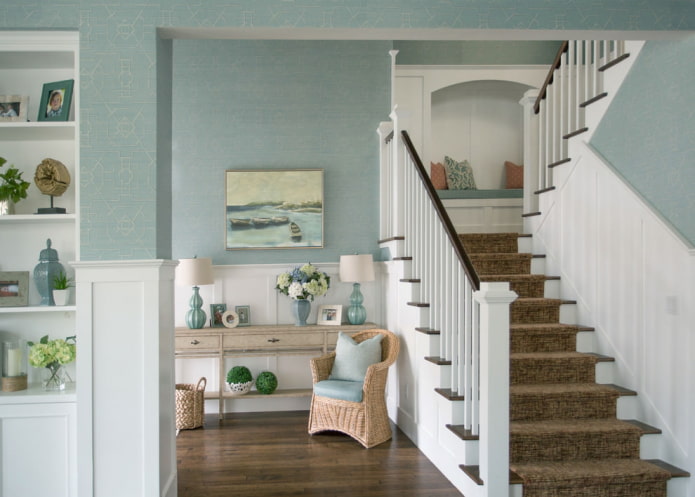 hallway with blue and white wallpaper