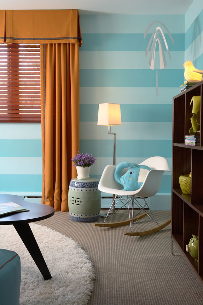 blue striped wallpaper and orange curtains