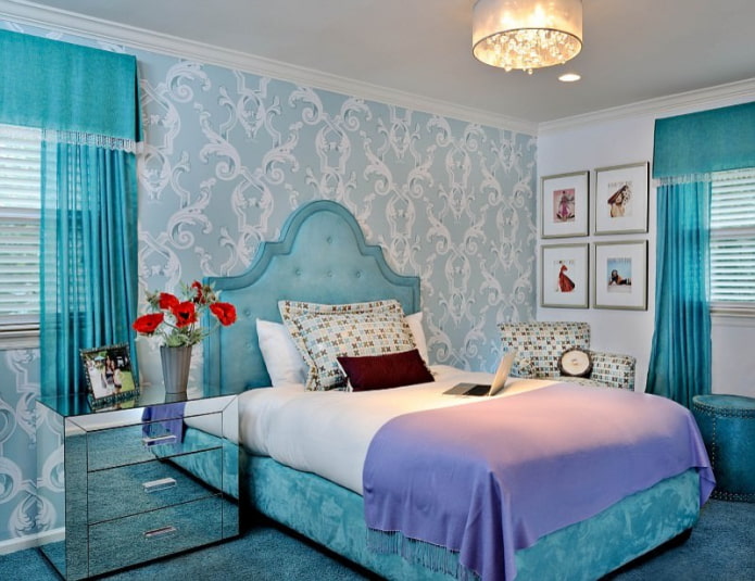 blue curtains and wallpaper in the bedroom