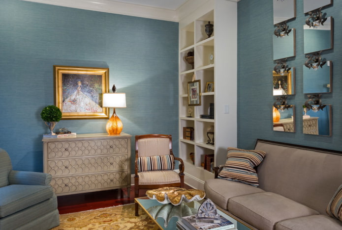 plain blue wallpaper in the living room