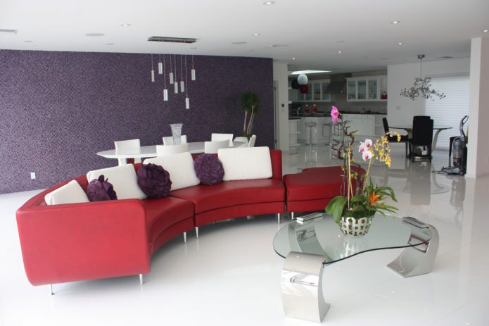 living room design with red sofa