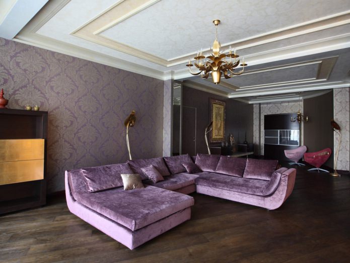 living room with purple sofa and wallpaper