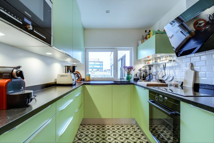 glossy black and green kitchen set