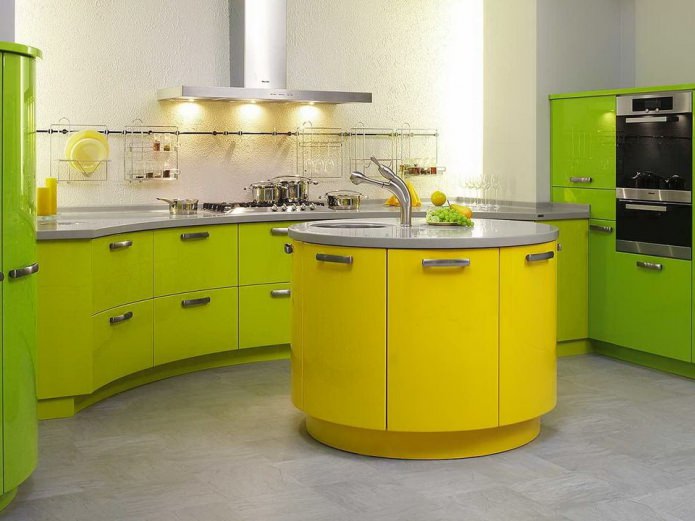 Yellow-green facade of kitchen furniture