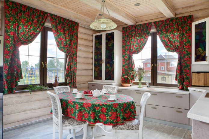 red and green short curtains with tie backs