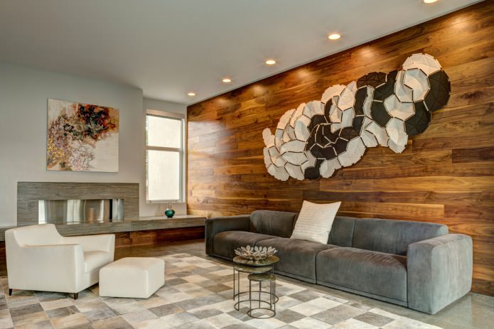 wood paneling on the wall in the living room