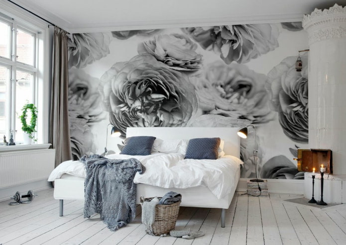 volumetric black and white flowers in the bedroom