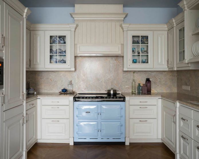 beige and blue kitchen
