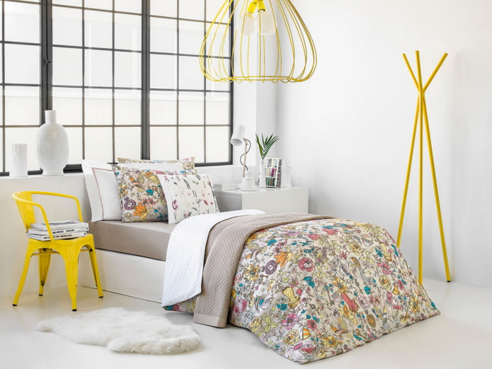 white bedroom with yellow accents