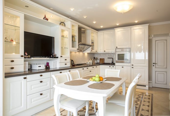 white kitchen set with glass inserts