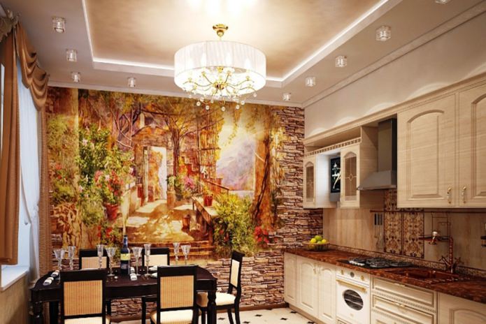 fresco on the stone accent wall of the kitchen