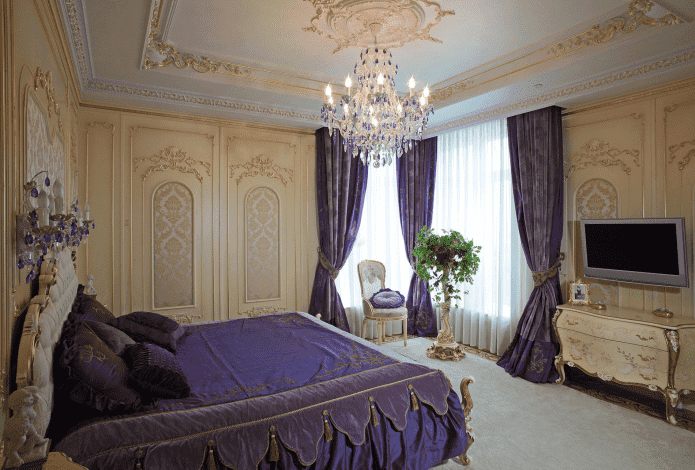 purple and beige baroque bedroom