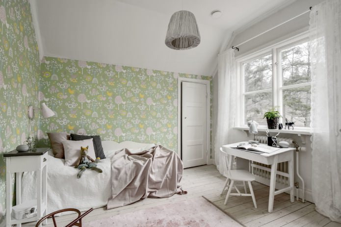 white curtains and green wallpaper