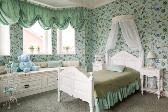 interior of a mint nursery in a classic style with Austrian curtains