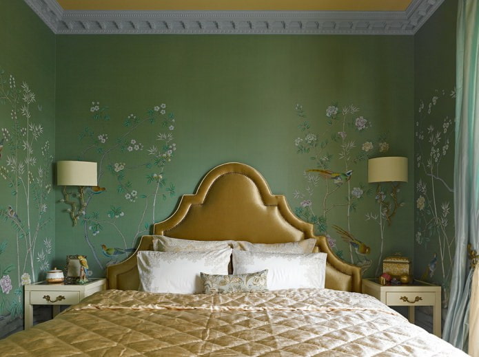 grüne Tapete im Schlafzimmer