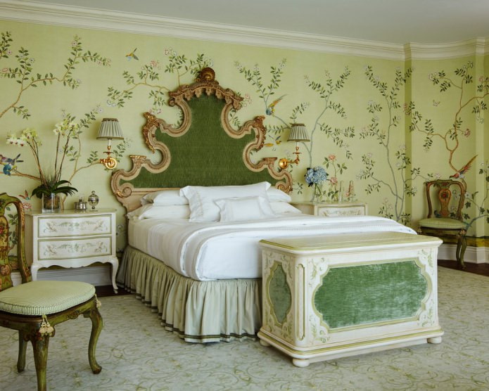 green wallpaper with floral pattern in the bedroom