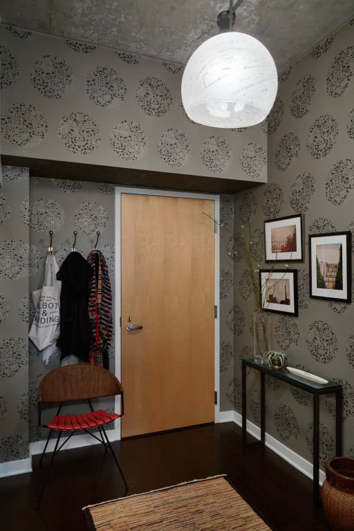 gray wallpaper light brown door