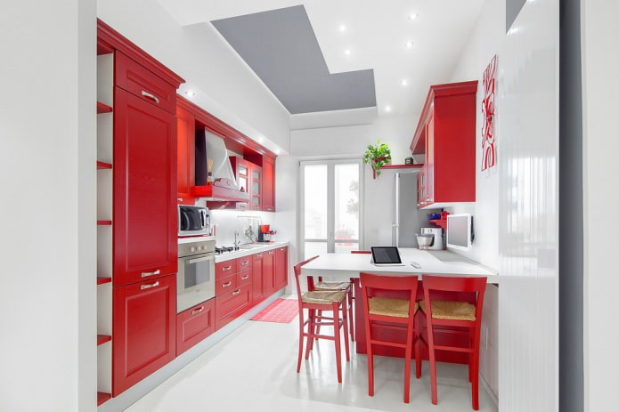 red set with white wall, floor and ceiling decoration