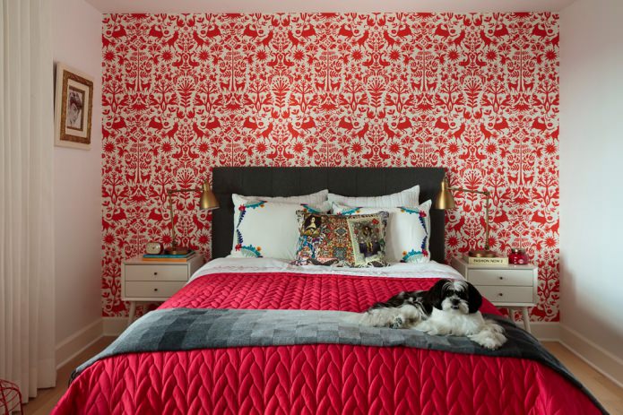 red and white wallpaper in the bedroom