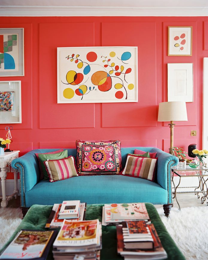 turquoise red living room