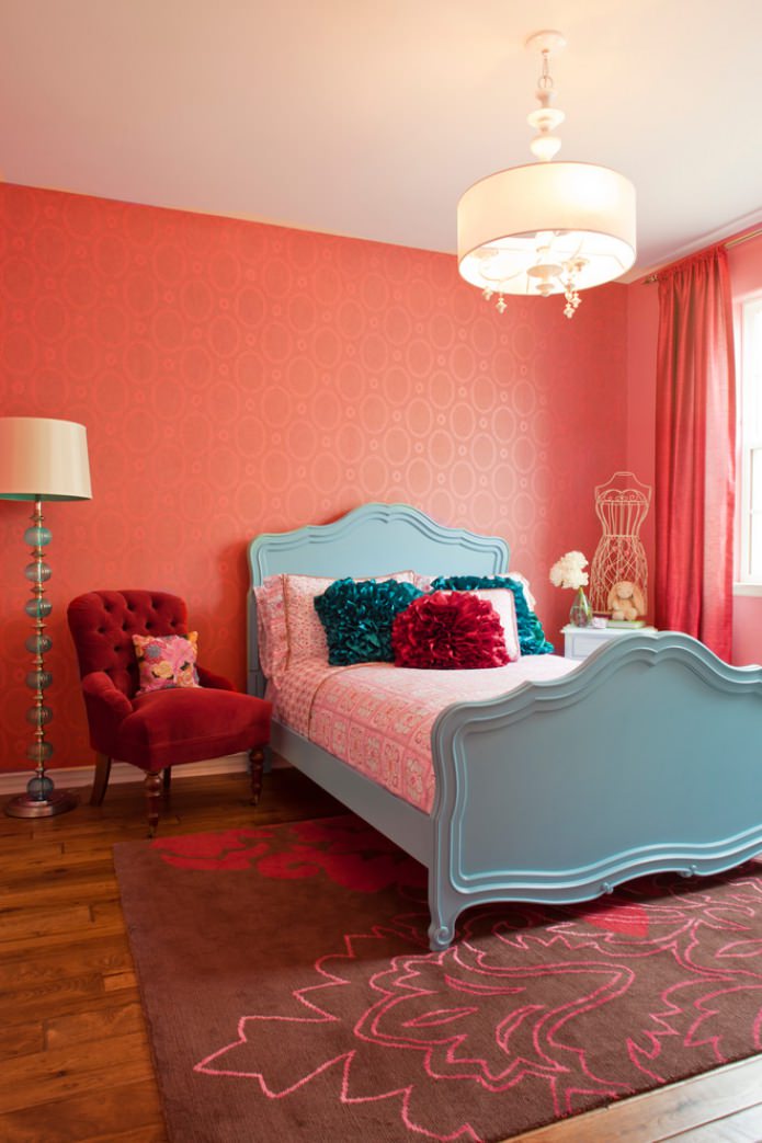 turquoise red bedroom with white ceiling
