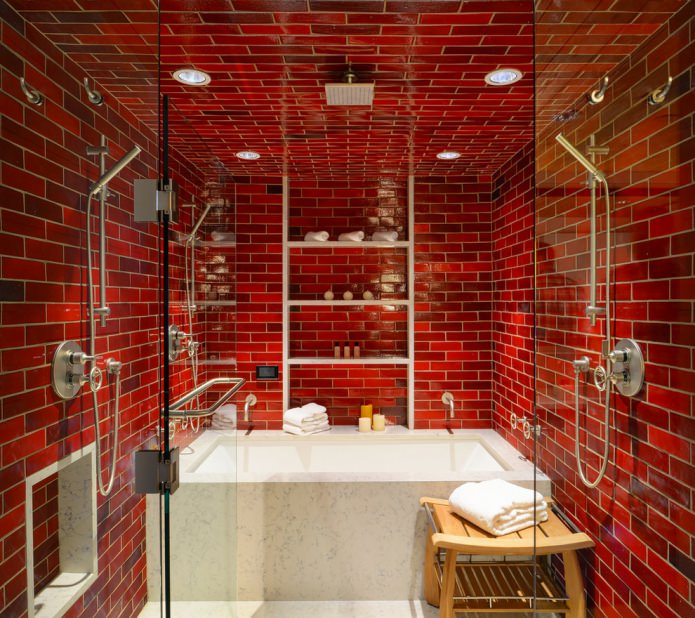 red brick walls in the bathroom