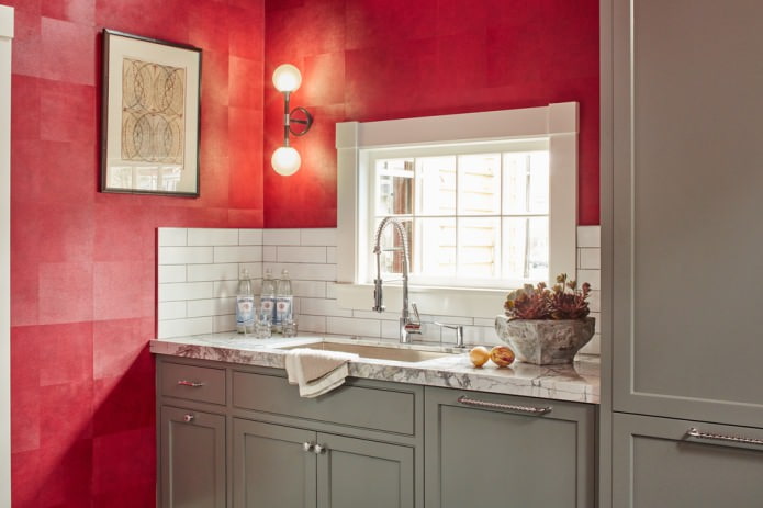 Red-gray-white kitchen interior
