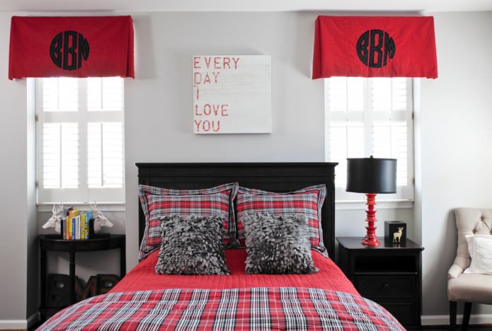 Black-gray-red bedroom interior