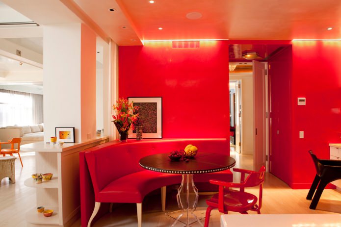 red leather sofa in the kitchen