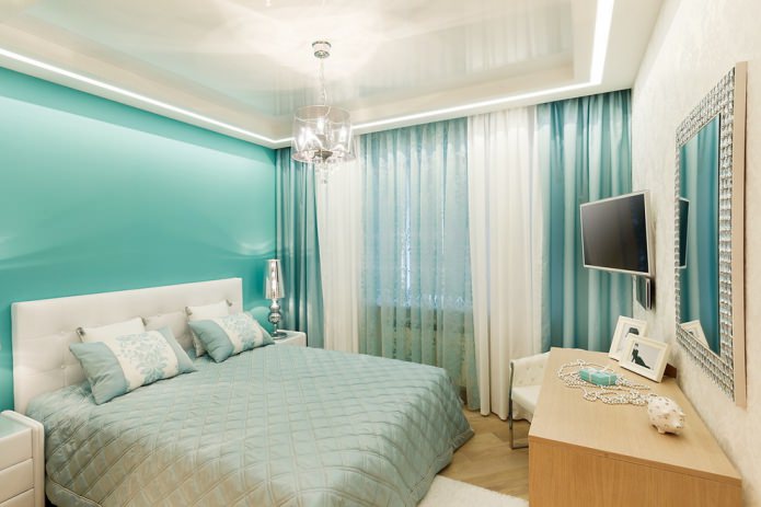 turquoise-white interior with classic thick curtains and light tulle