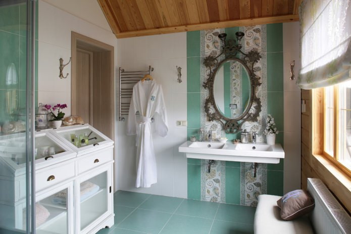 fürdőszoba fehér és smaragd színben