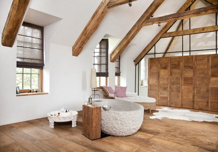bathroom in the attic in white and brown tones