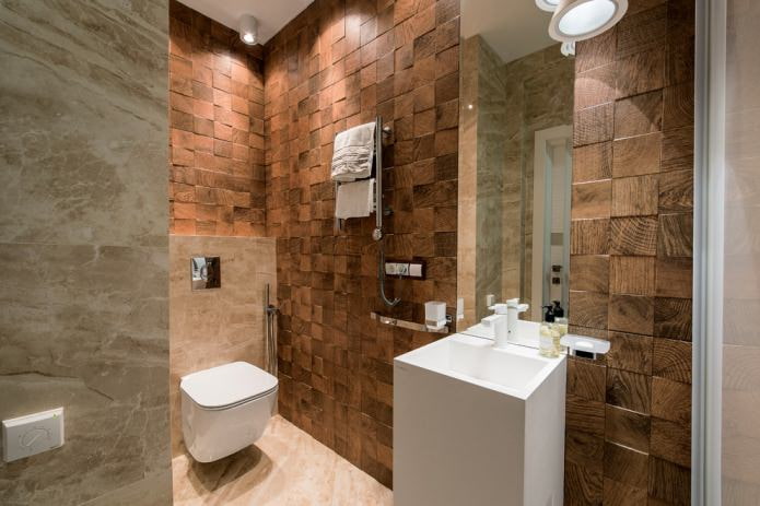 modern small bathroom with wooden wall decoration