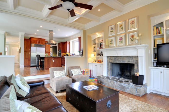 living room in an American style house with a fireplace