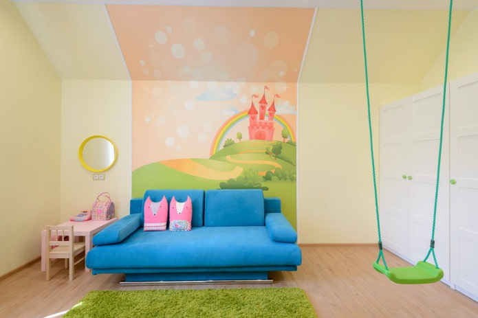 interior of the girl's children's room with photo wallpaper