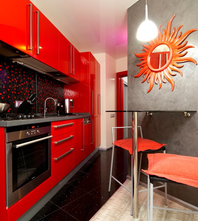 small kitchen in red tones