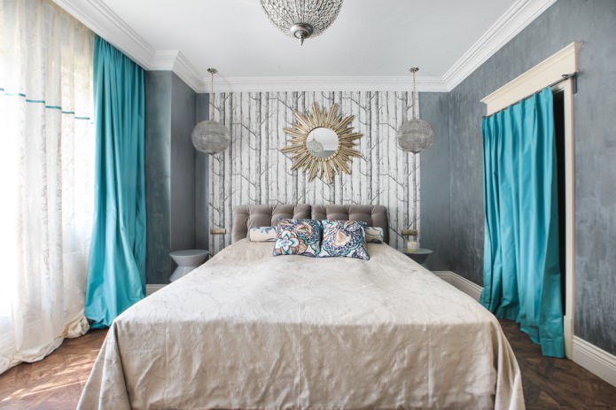 gray room with turquoise curtains