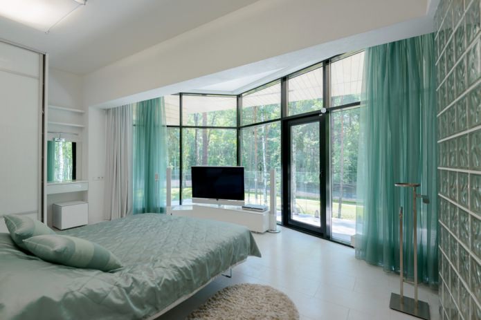 gray-turquoise bedroom interior with organza