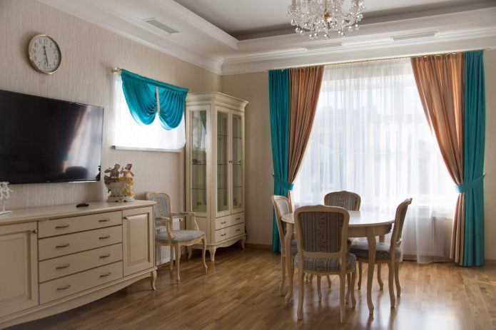 Brown-turquoise combination of curtains