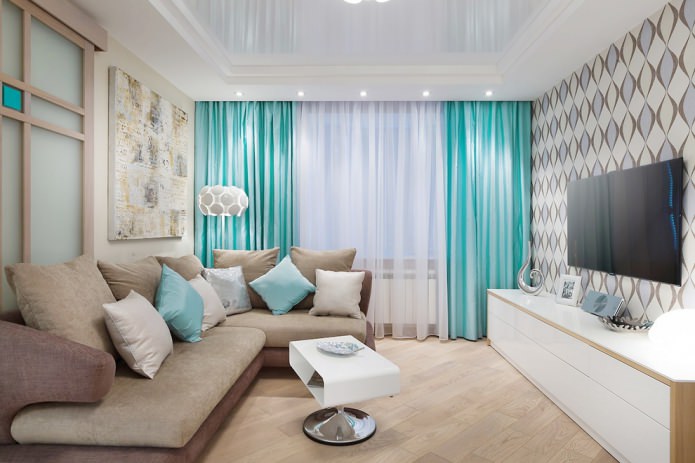 white and turquoise curtains in the living room