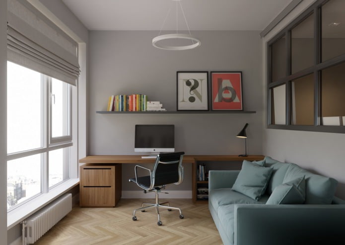 Büroeinrichtung mit hellem Parkett und grauen Wänden
