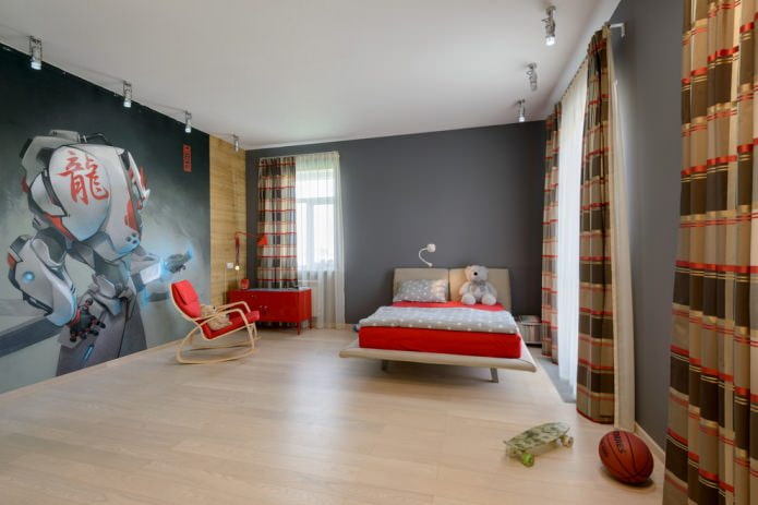 gray walls with photo wallpaper in the nursery