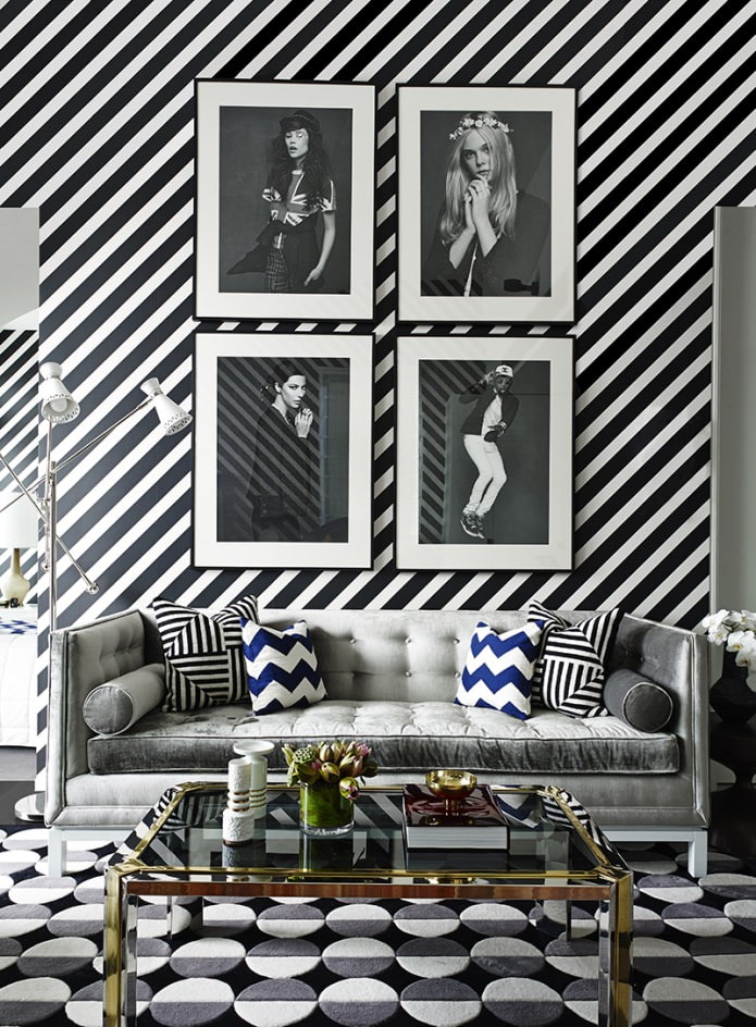 black and white diagonal stripes on the walls