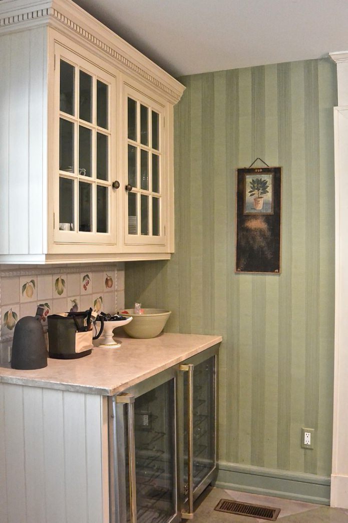 green striped wallpaper in the kitchen