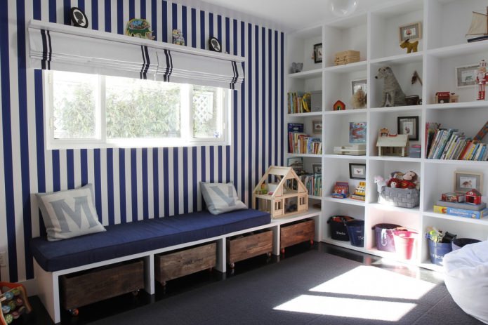 blue and white stripes on the walls