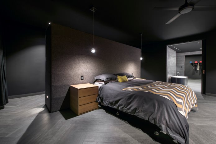 ห้องนอนที่มีพื้นและผนังสีเข้ม