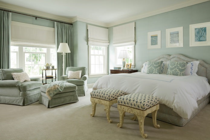 bedroom in pastel mint colors