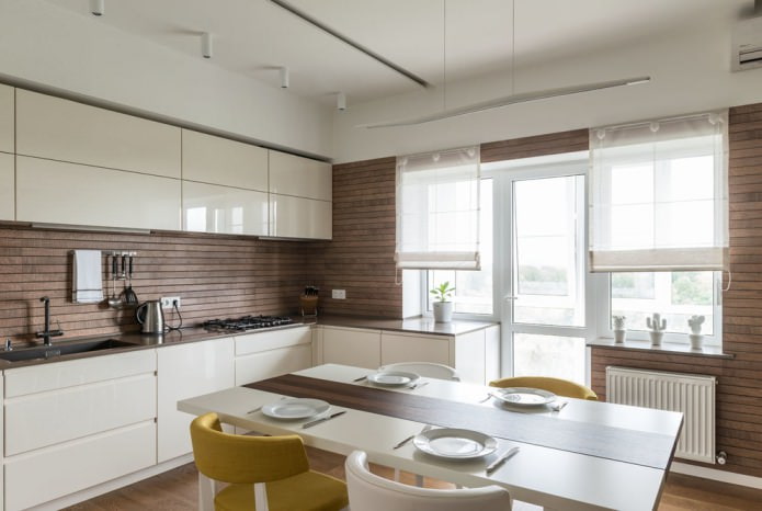 slatted wall cladding in the interior of a modern kitchen