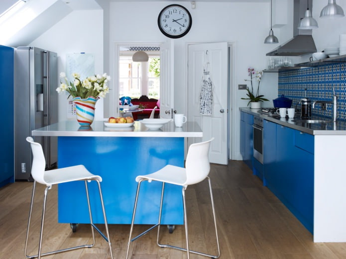 light blue kitchen with glossy set