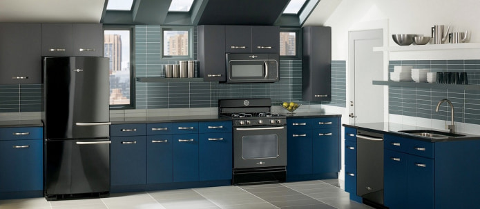 upper kitchen cabinets in graphite color with dark blue fronts